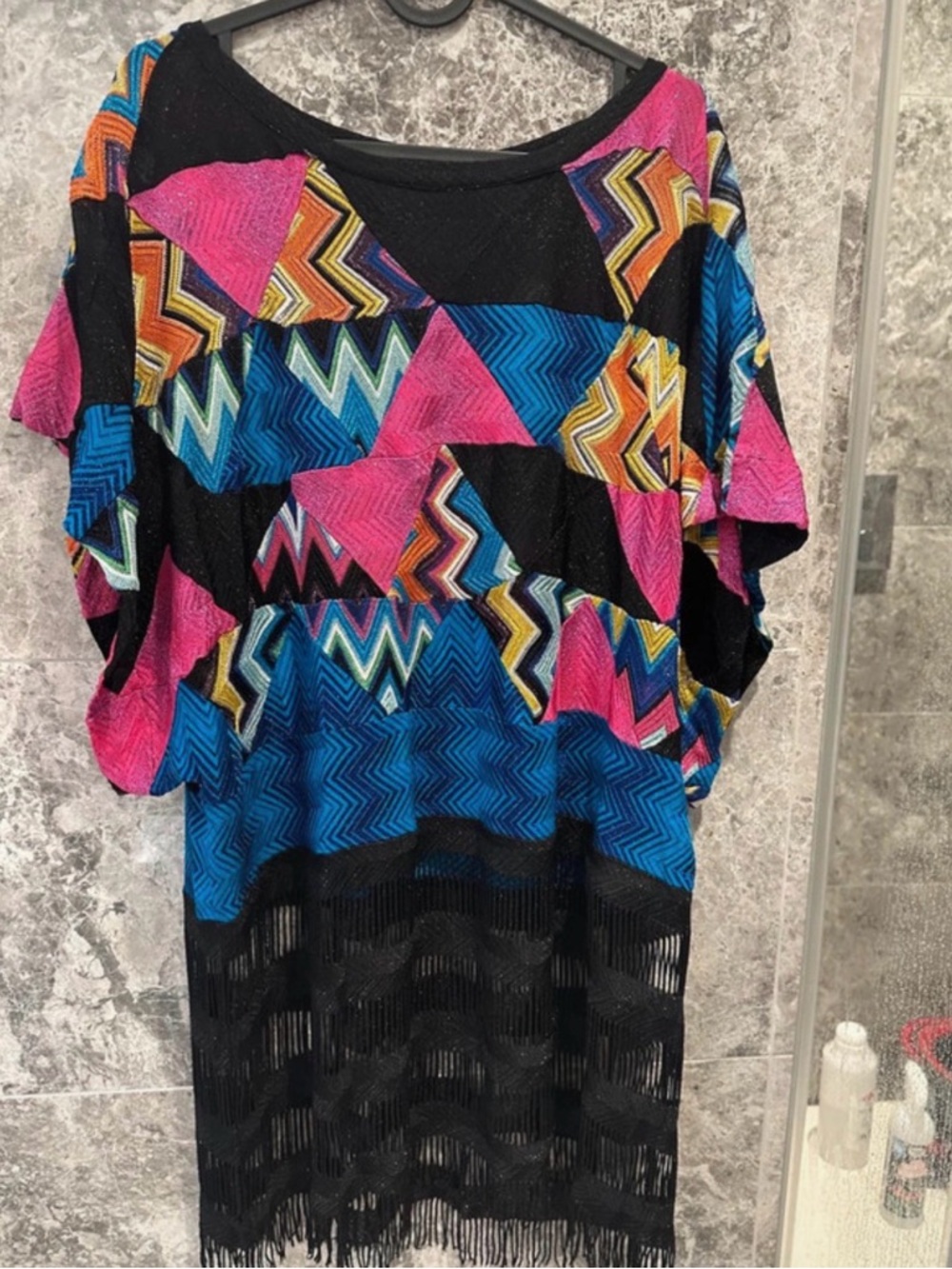 Women’s Multicolor Geometric Print Fringe Coverup- Oversized